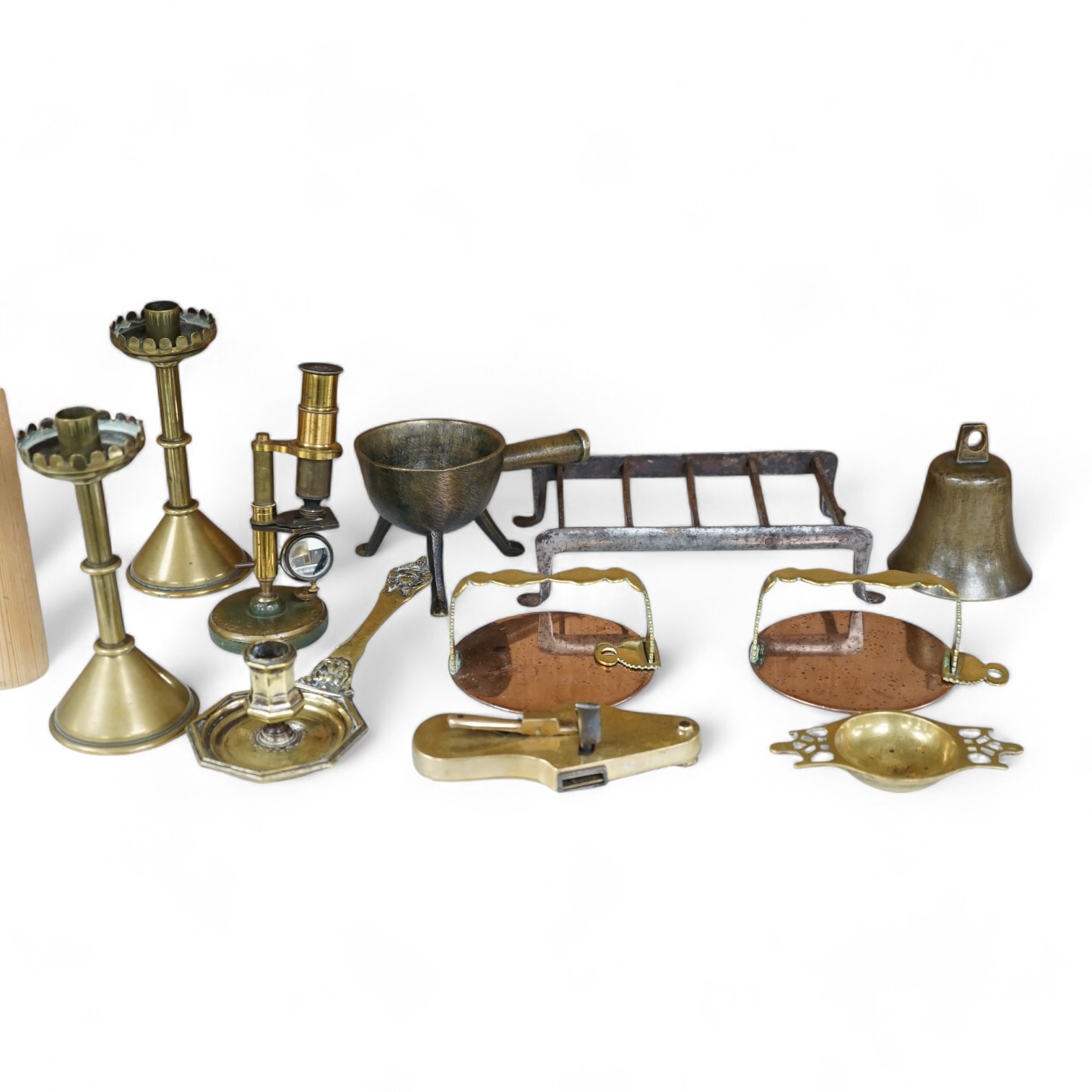 Metalware: to include 19th century vein-cutter, a pair of candlesticks, a candle holder, quaich etc., candlesticks 16cm high (11). Condition - fair